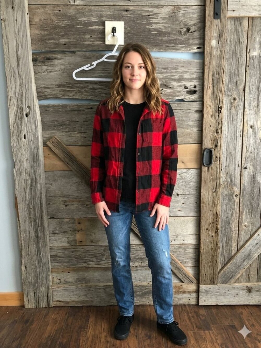 old Navy size Med Red and black buffalo plaid button down shirt